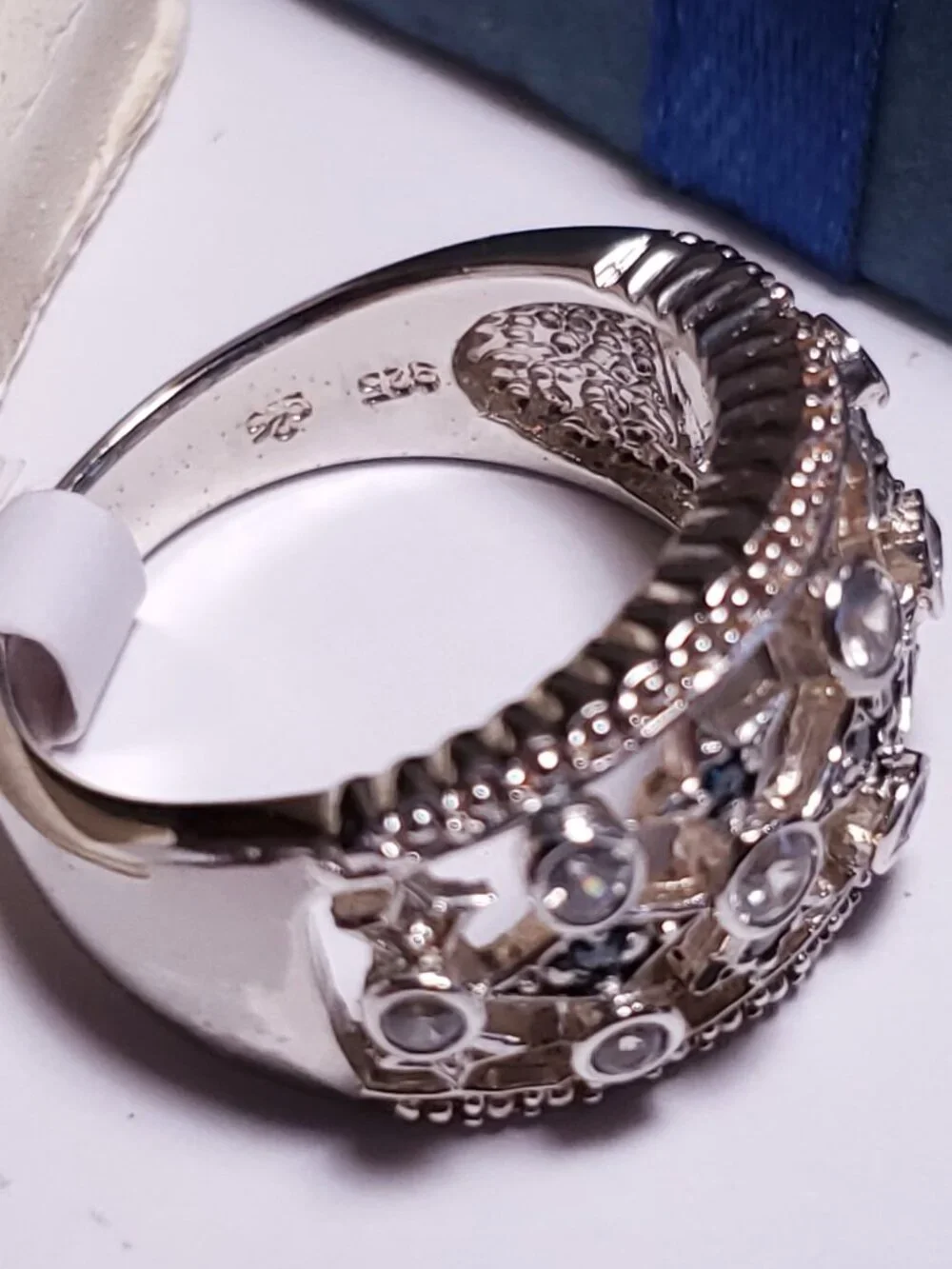 Estate .76ctw Natural Blue Diam & Sapphire open Bezel Sterling 925Band Ring24423